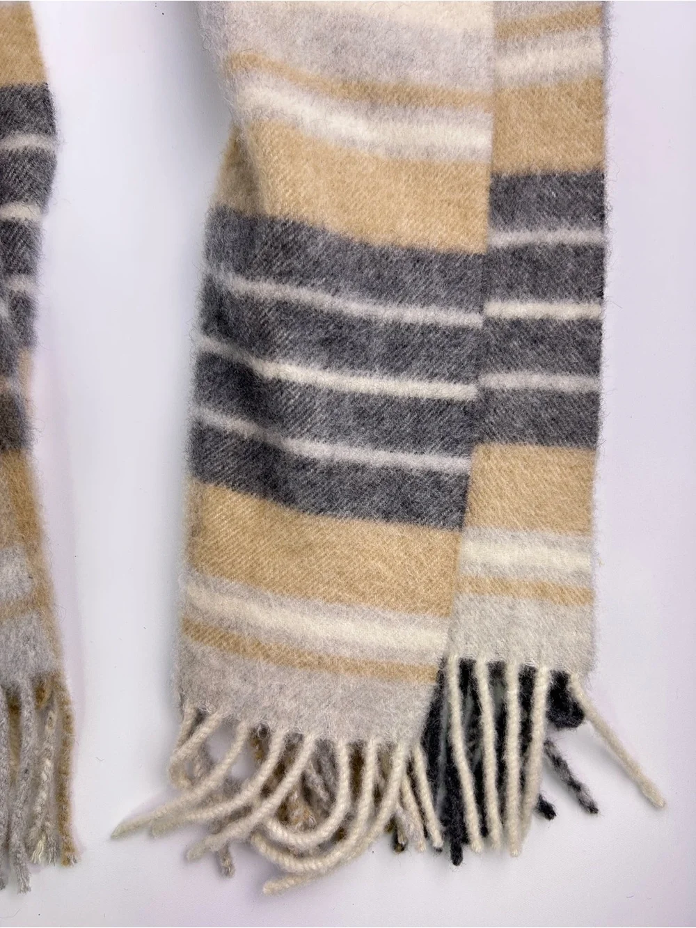 Talbots 100% Cashmere Plaid Scarf Beige Gray Blue Fringe 71”